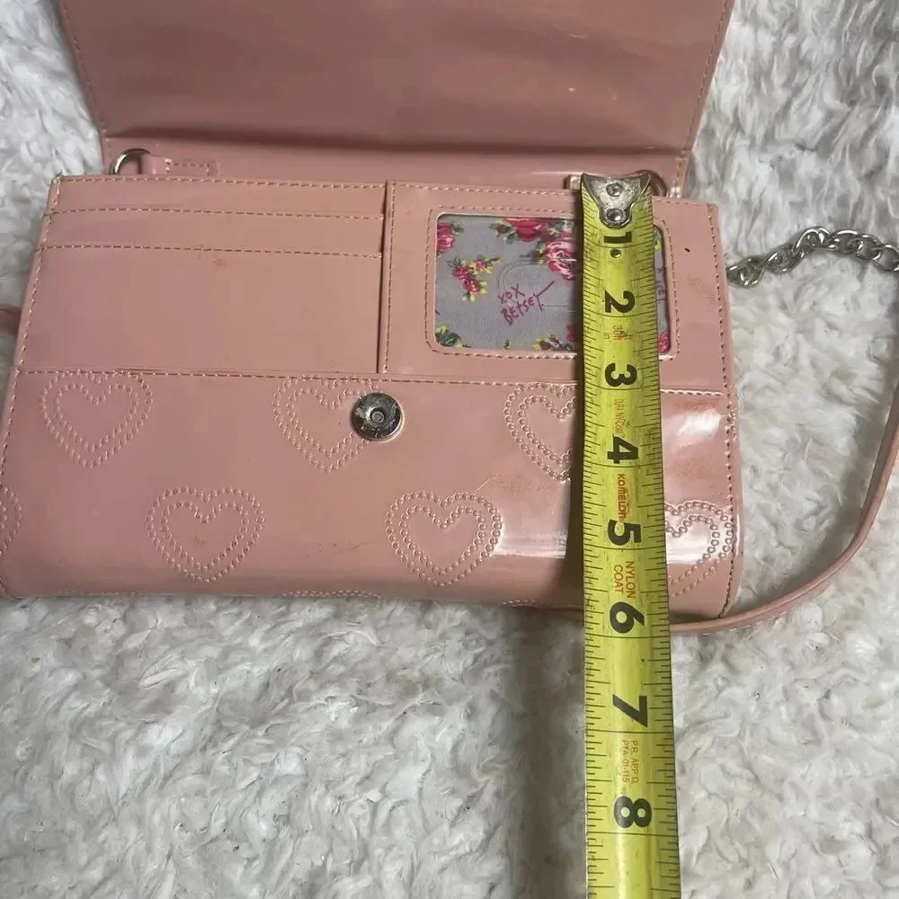 Betsey Johnson synthetic heart embossed pink patent crossbody bag Bow accent